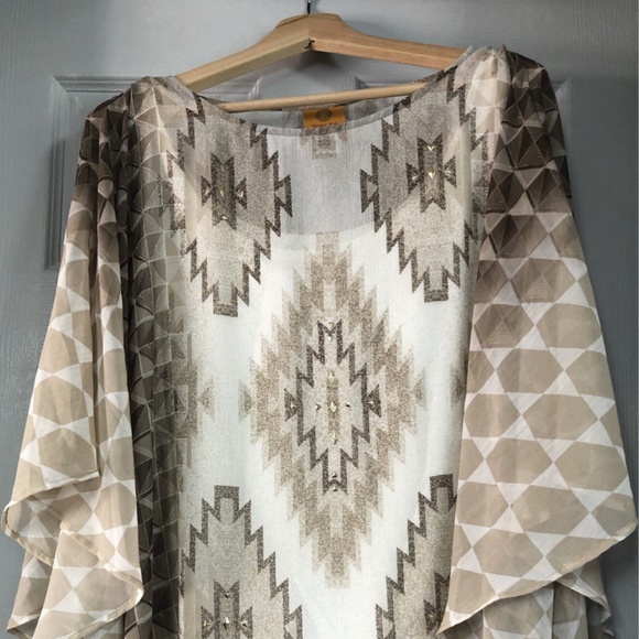 Ruby Rd. Women's Top 2X Brown Beige White Butterfly Sleeve Gold Detail Career - Picture 1 of 13